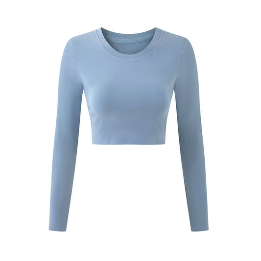 Round neck exposed navel short long sleeved pullover t-shirt
